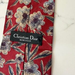 Dior Red Floral Silk Tie with Navy and Cream Accents
